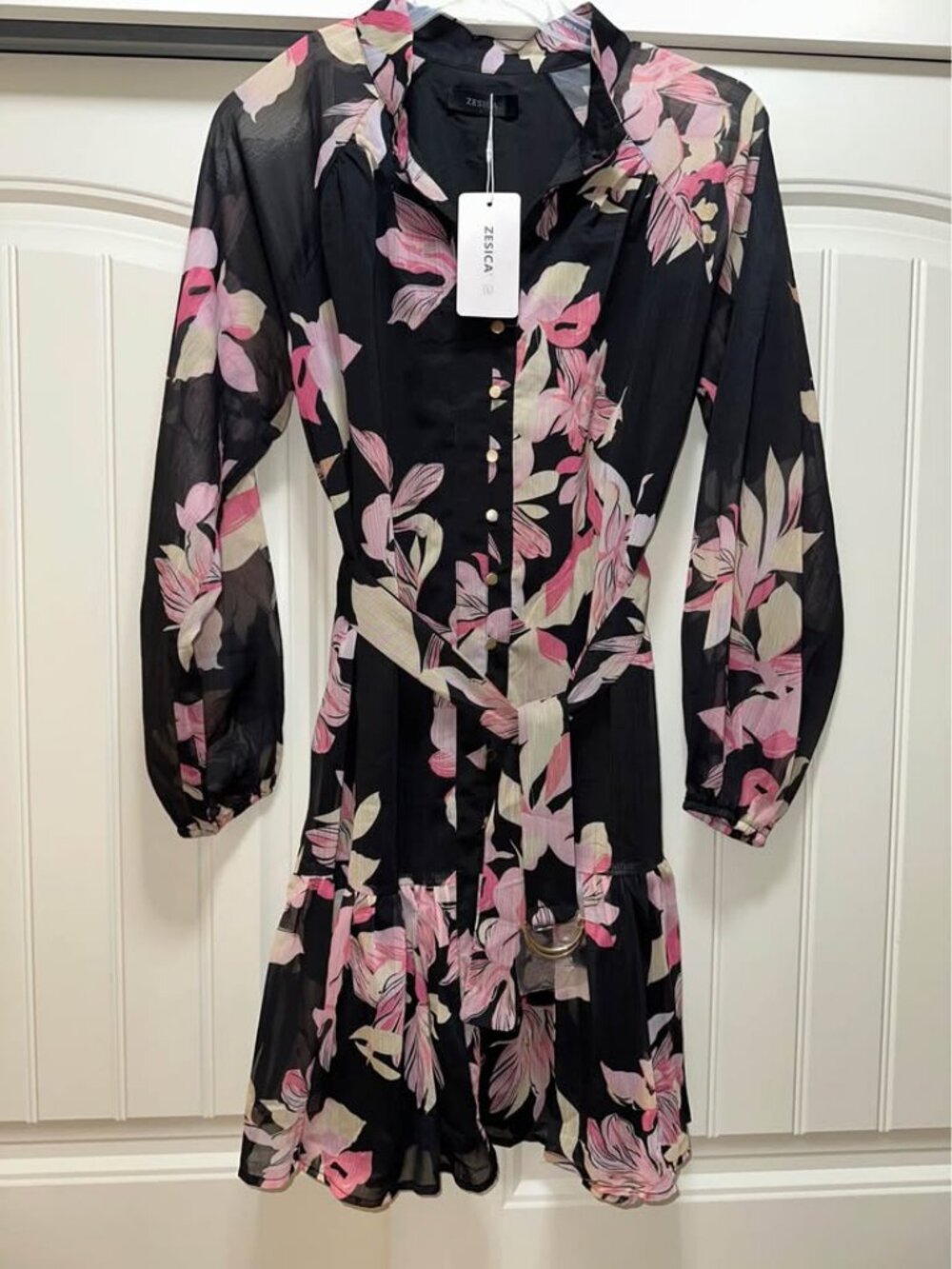 ZESICA Womens Floral Mini Dress Long Sleeve Button Chiffon A Line Swing Short LG